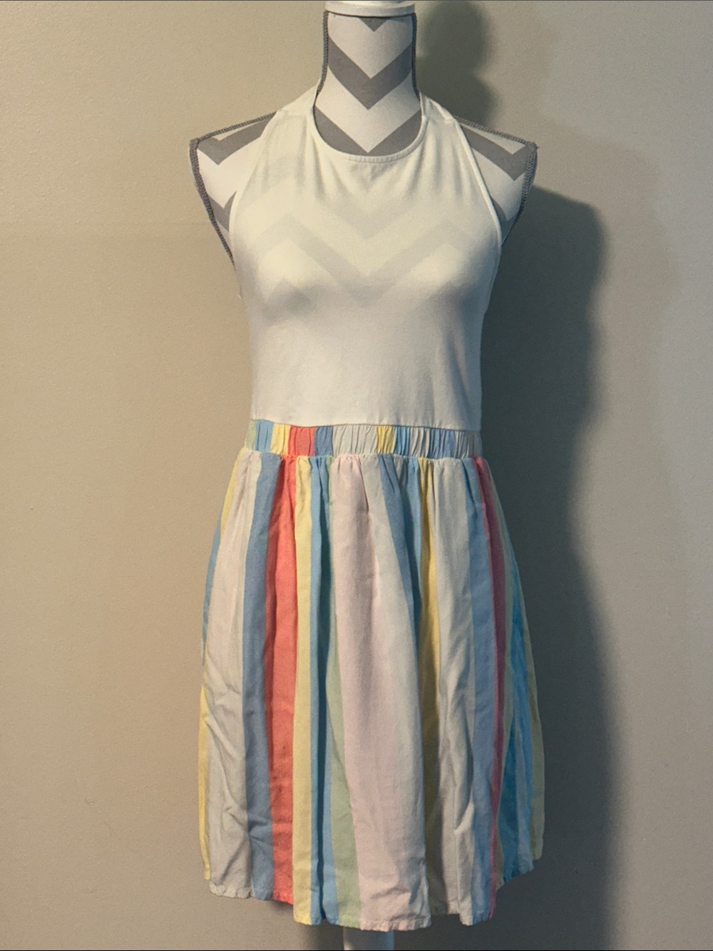 VENUS - White Halter Top Dress with Pastel Rainbow Stripe Skirt